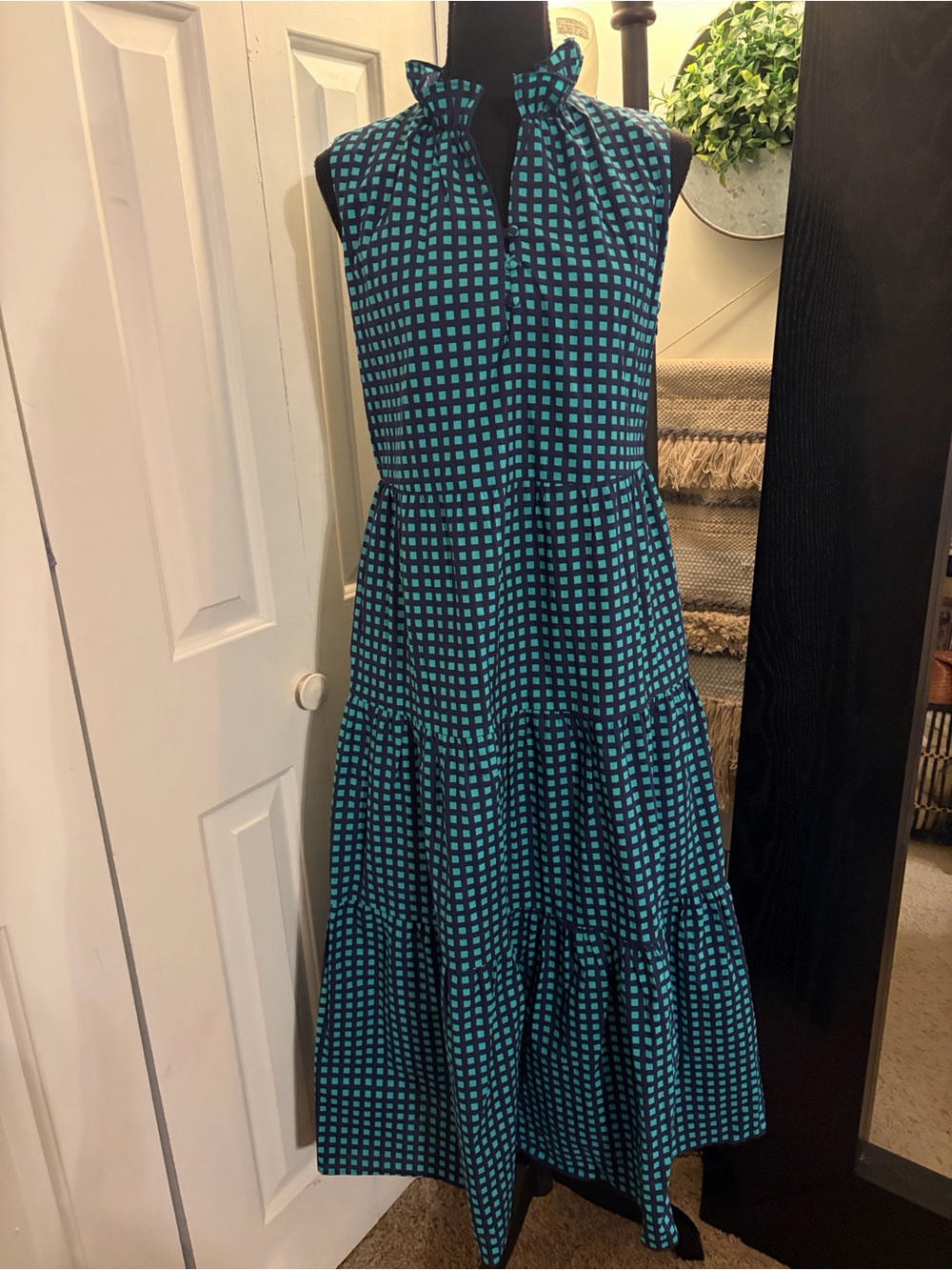 AvaRa Christie Teal Gingham Cotton Tiered Maxi Dress